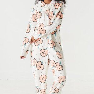 Weekend Edition Women's Soft Plush Printed Peach Sherpa Lined Hooded Onesie